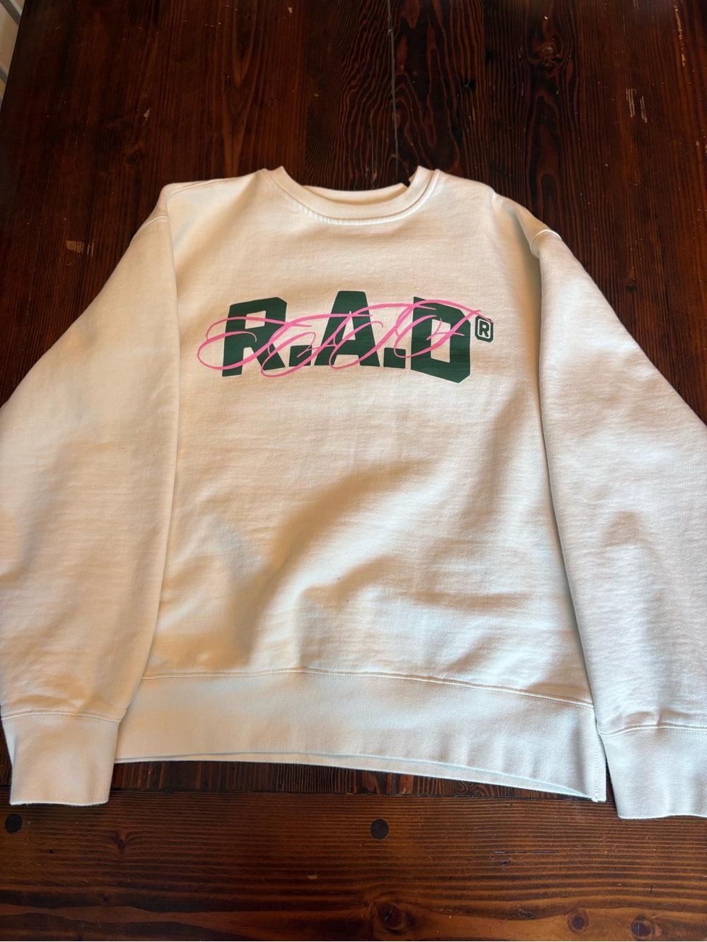 Cream Crewneck Sweatshirt with Green Block Logo & Pink Script